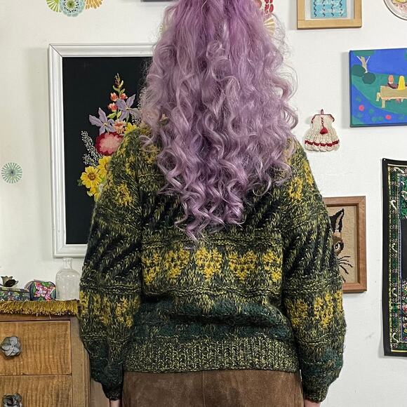 Vintage Green & Gold Grandpa Cardigan, 1970s Hand Knit Button Front Sweater Sz L - Picture 3 of 11